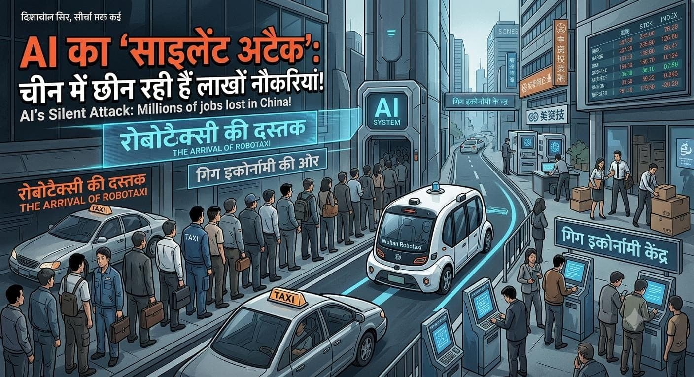 * An illustrative depiction of job displacement in China due to AI, featuring robotaxis, waiting workers, and a busy city street with text in Hindi and English.