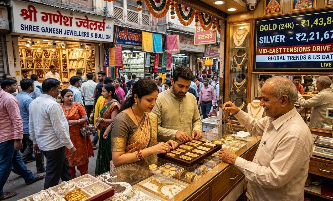 Gold and silver price today update: Indian couple inspecting gold items in a bustling jewelry market with a live rate display screen.
