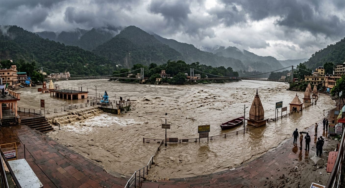 Flood-like situation at Triveni Ghat in Rishikesh with high water level of river Ganga.