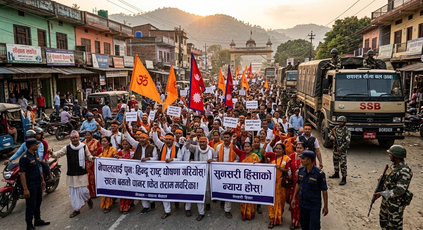 A large street protest at the Nepal-India border with demonstrators holding saffron flags and Nepali flags, flanked by armed SSB security forces and a military truck.