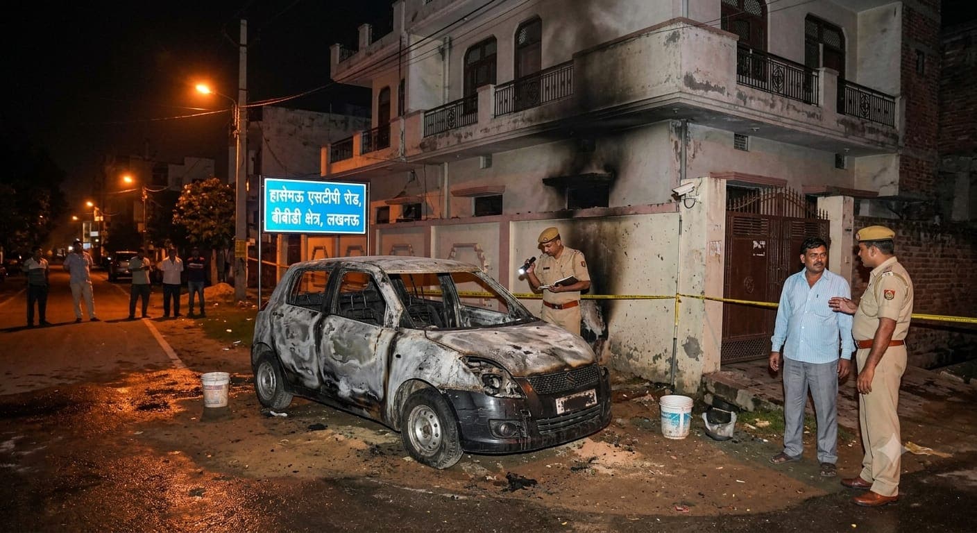 A burnt car on a street in Lucknow with police officers investigating the crime scene at night.