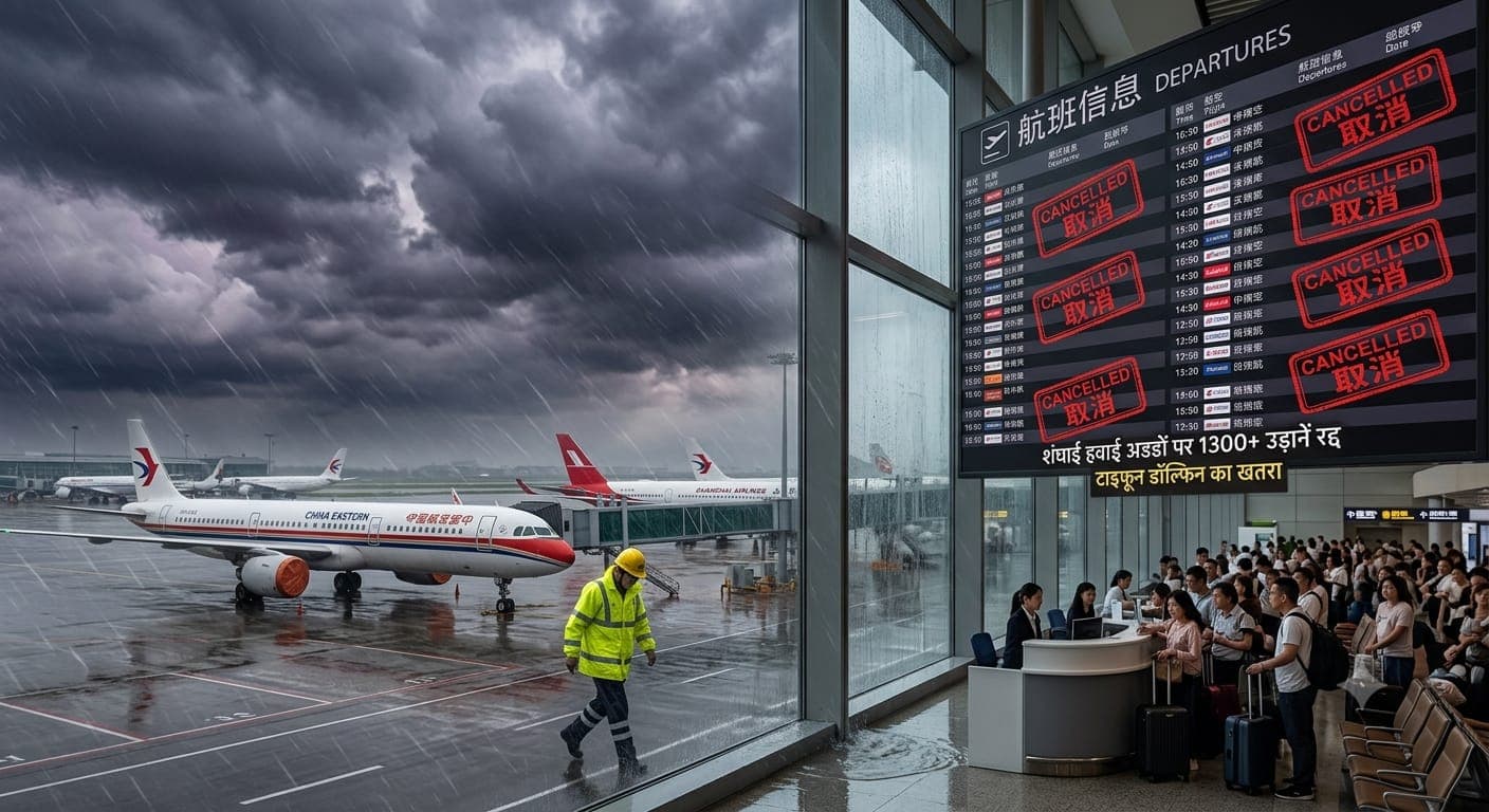 Passengers waiting at Shanghai Pudong Airport with departure boards showing cancelled flights due to Typhoon Dolphin