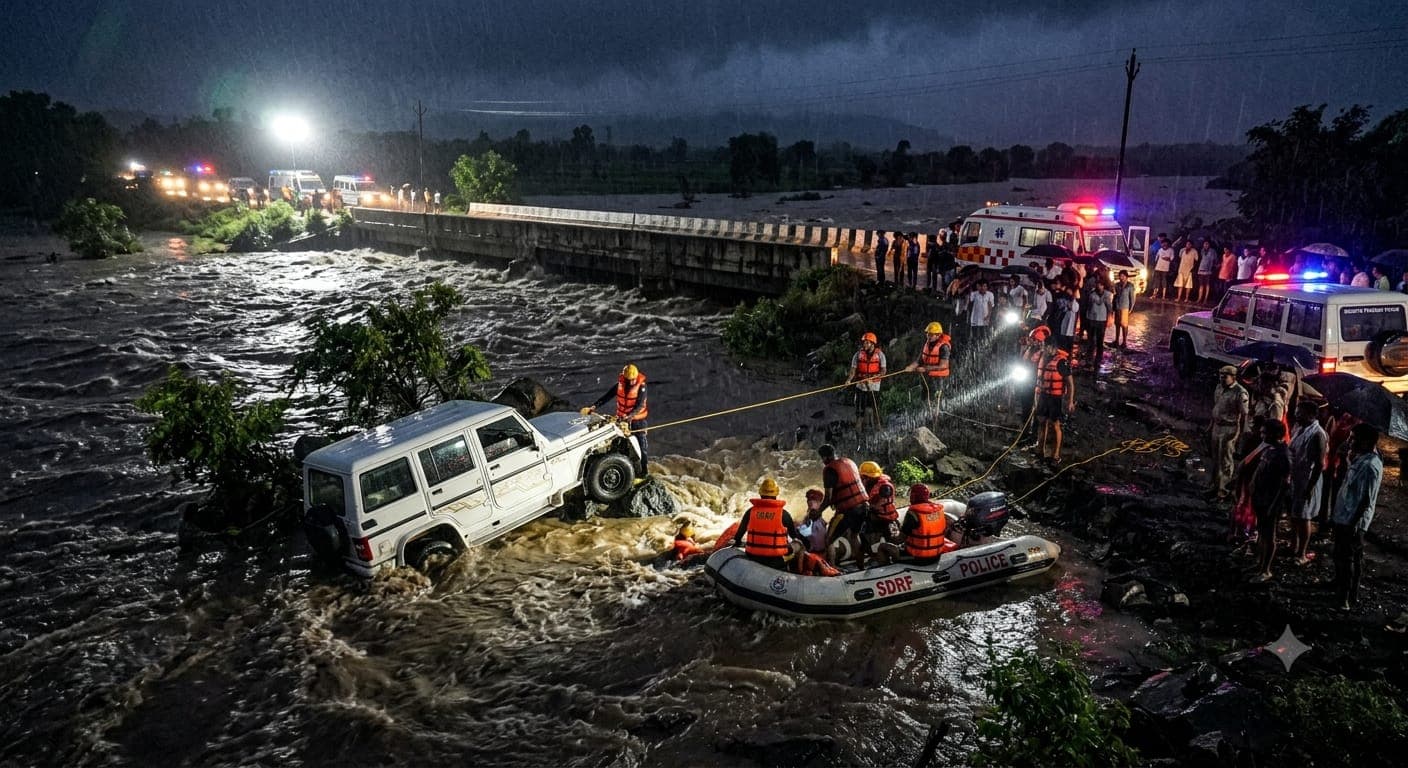 SDRF rescue operation at night as a car is submerged in a flooded river during heavy rains in Rajgarh, MP.