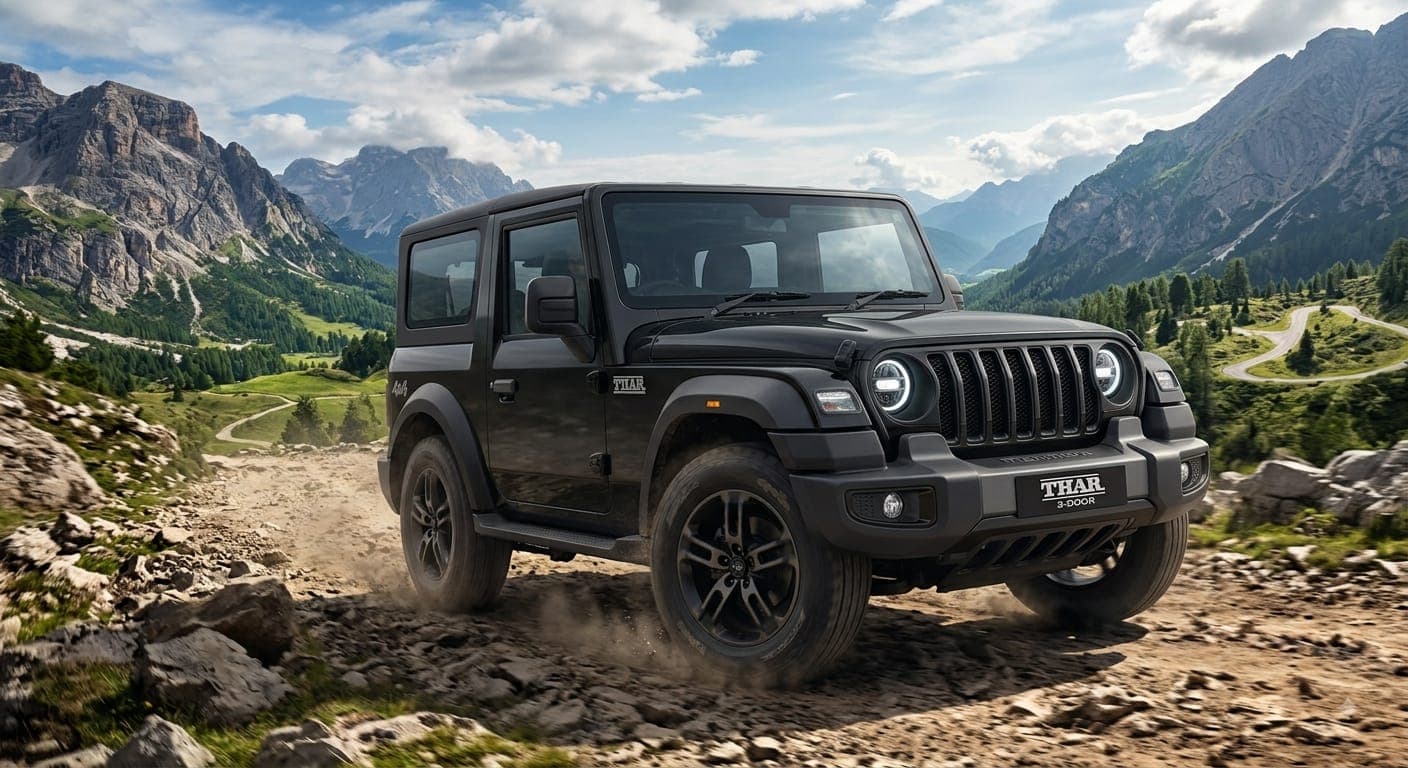 A black Mahindra Thar 3-door SUV driving on a rocky, unpaved mountain trail with a massive mountain range in the background under a blue sky.
