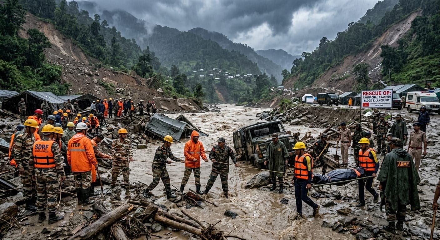 A dramatic, wide-angle photograph of a massive disaster relief operation in a mountainous region. The image shows multiple rescue teams (labeled SDRF, ITBP, and ARMY) working through a violent, muddy river full of debris and overturned vehicles, under heavy, overcast skies. Landslide scars are visible on the steep, green hills in the background.