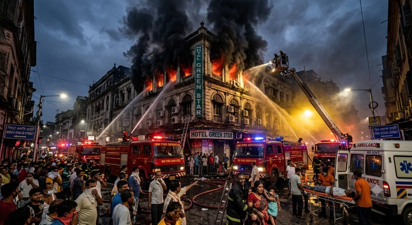 Firefighters carrying out rescue operations after the massive Kolkata hotel fire in Mirza Ghalib Street