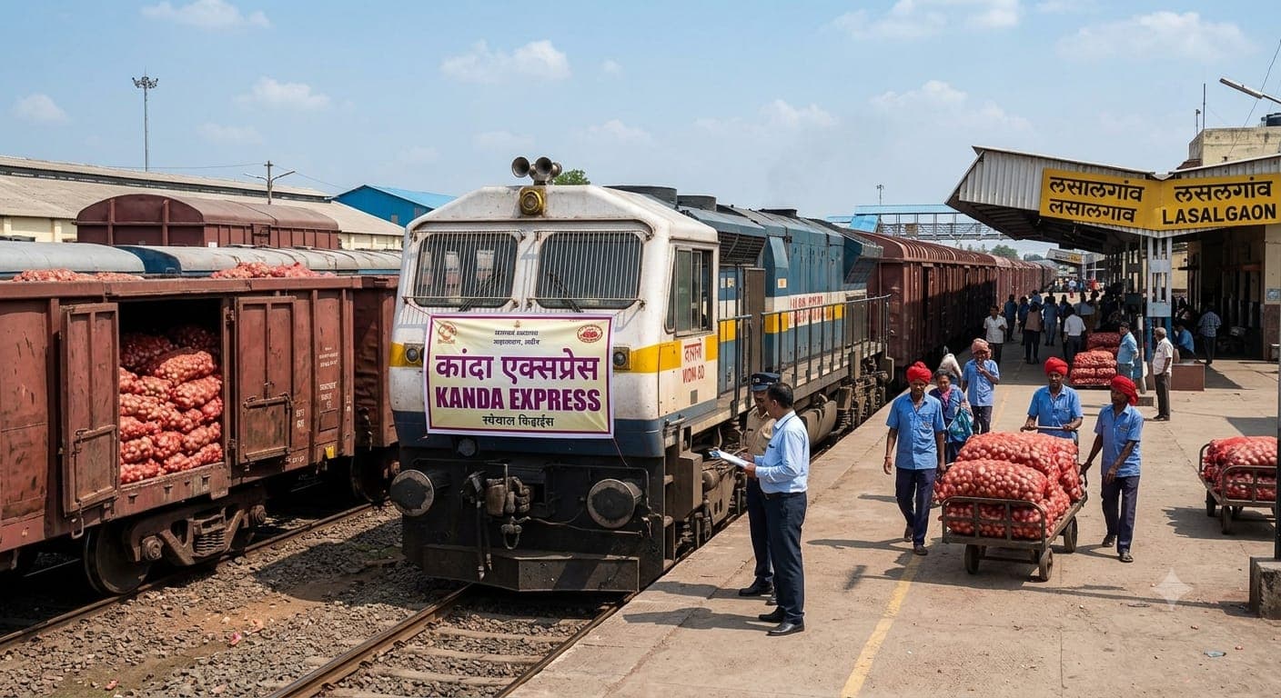 Onion price hike crisis with NAFED buffer stock supply and Kanda Express train dispatch.