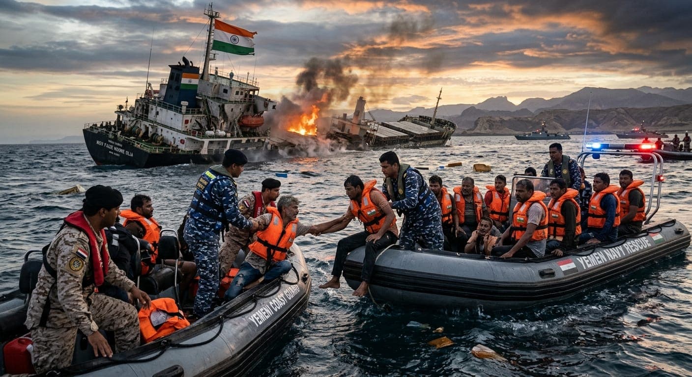 Indian cargo ship sinking in the Red Sea after an attack near Yemen during a rescue operation.