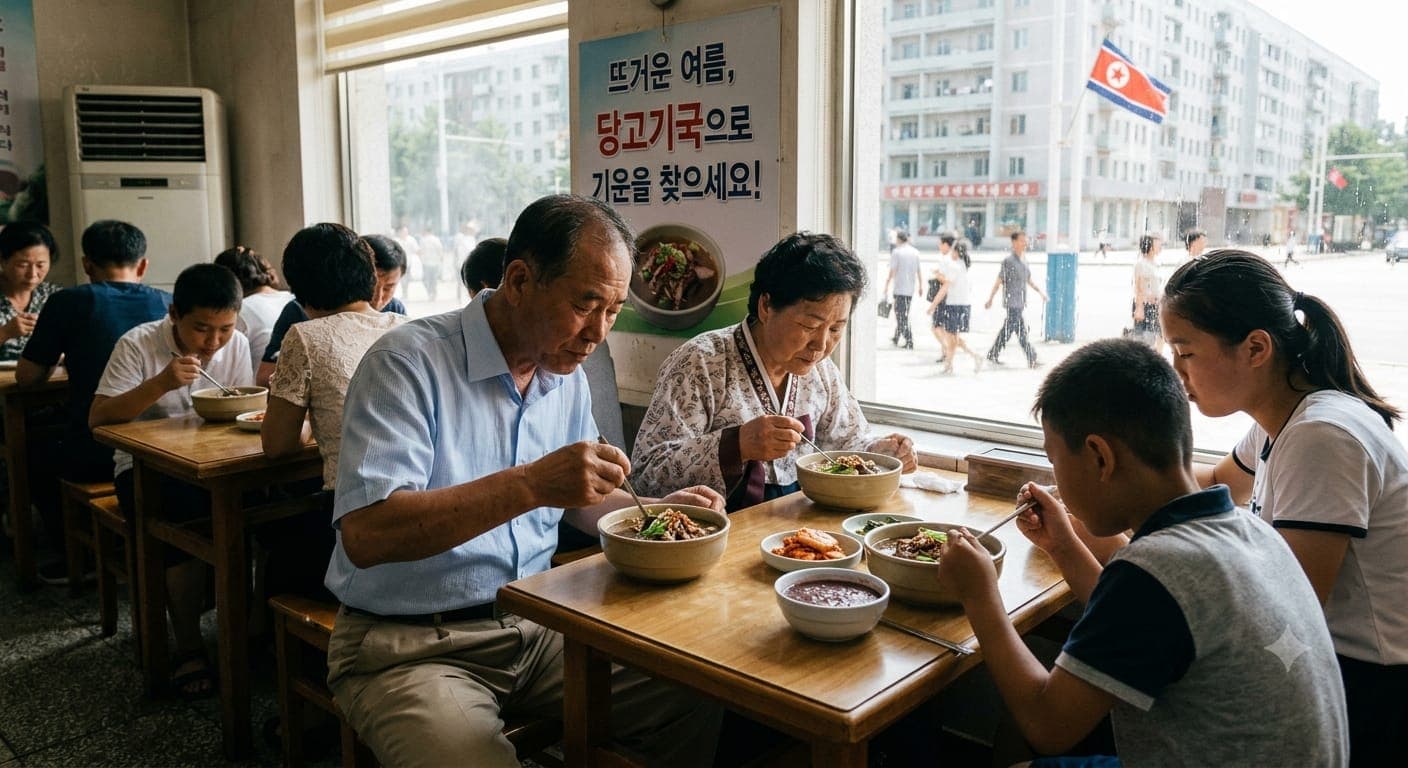 North Korea heatwave news advisory recommending dog meat soup dangogi guk.