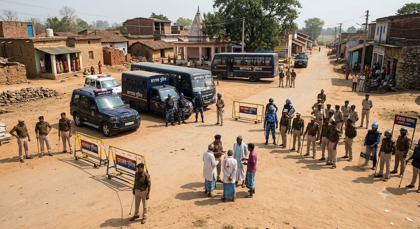 Police personnel deployed at a village in Chatra, Jharkhand following a mob lynching incident over rape allegations.