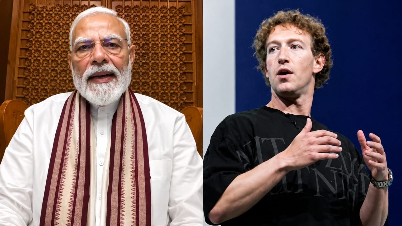 Meta CEO Mark Zuckerberg graphic representation next to Indian IT Ministry logo and Narendra Modi photo.