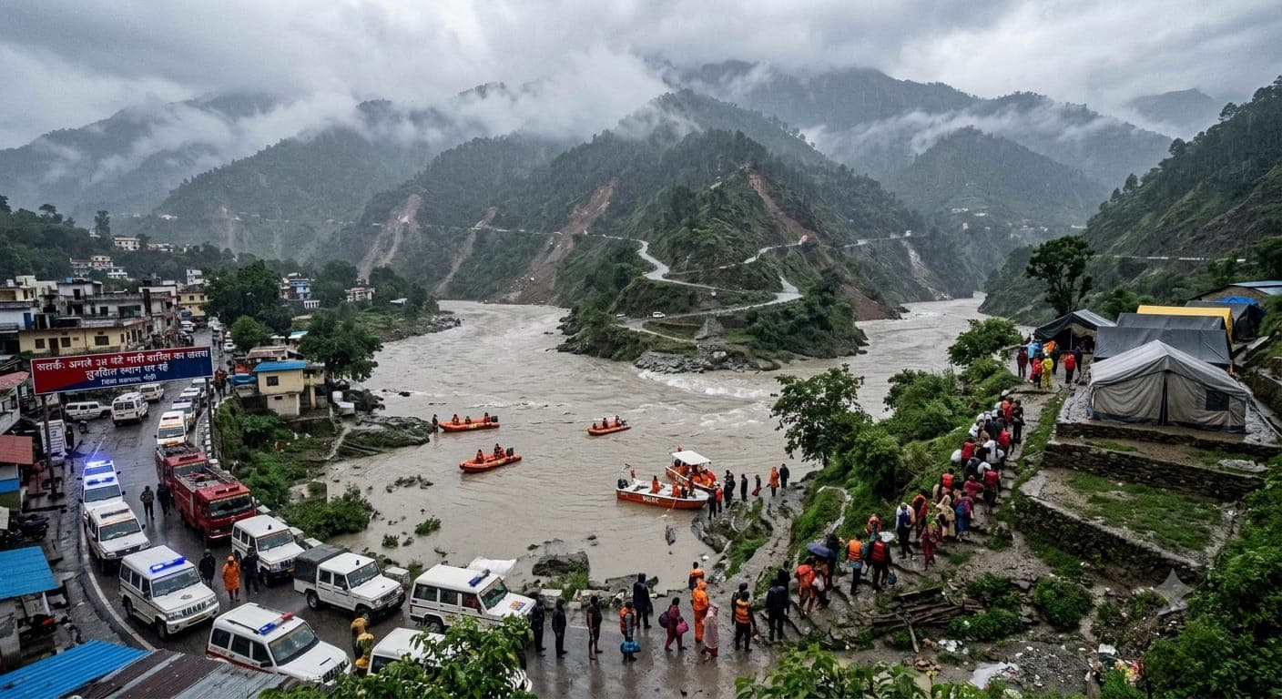 An aerial view of flood and landslide rescue operations in Uttarakhand, with NDRF teams and emergency vehicles deployed along an overflowing river.
