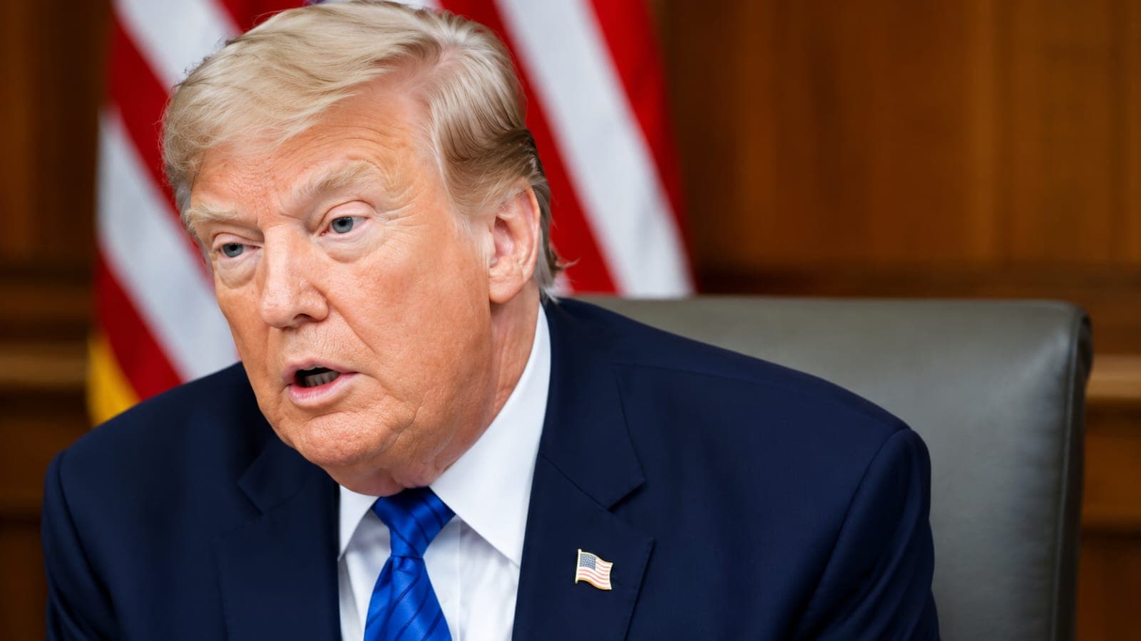 "Donald Trump speaking at a public event, warning Iran over nuclear agreement."