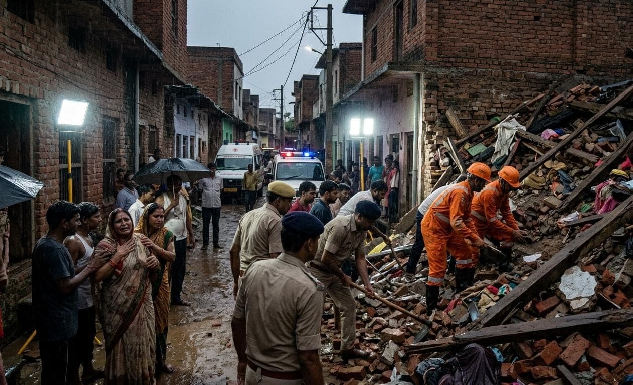 Emergency rescue workers and police clearing rubble from a collapsed house in a narrow Indian street during heavy rain at night, with an ambulance in the background.