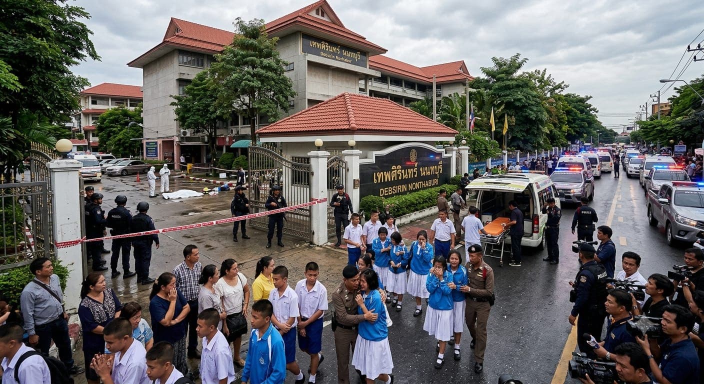 Emergency response scene outside Debsirin Nonthaburi School in Thailand following a shooting incident, showing police, paramedics, and distressed students.
