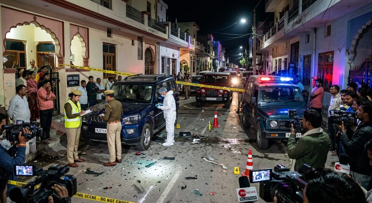 Police and forensics investigating a crime scene at night in a residential neighborhood, with SUV vehicles, yellow police tape, and media reporters.