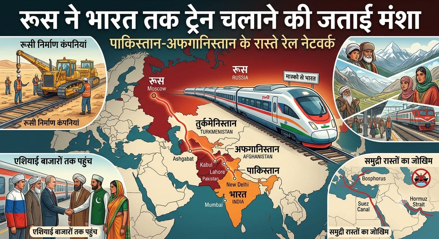 An infographic map illustrating Russia's proposed railway route to India through Turkmenistan, Afghanistan, and Pakistan.