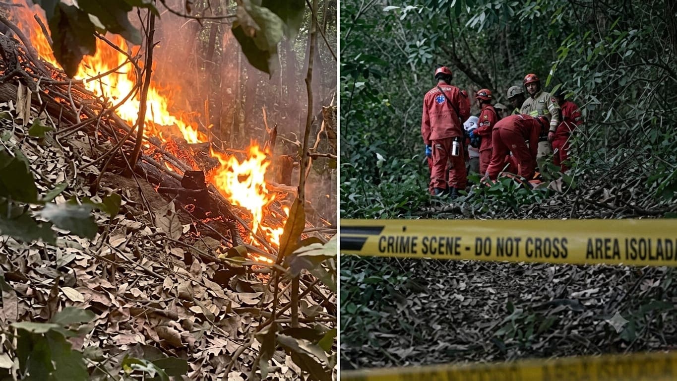 A split image showing a fire burning in a dense forest on the left, and emergency rescue workers in red uniforms behind a caution tape in a wooded area on the right.