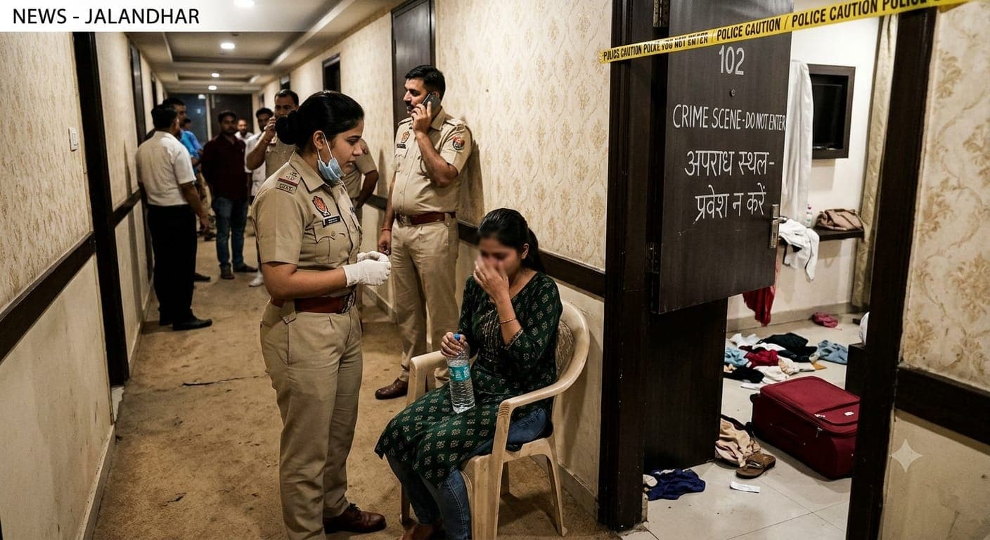 Indian police officers investigating a hotel crime scene outside room 102 with yellow police tape, scattered luggage, and an open suitcase.