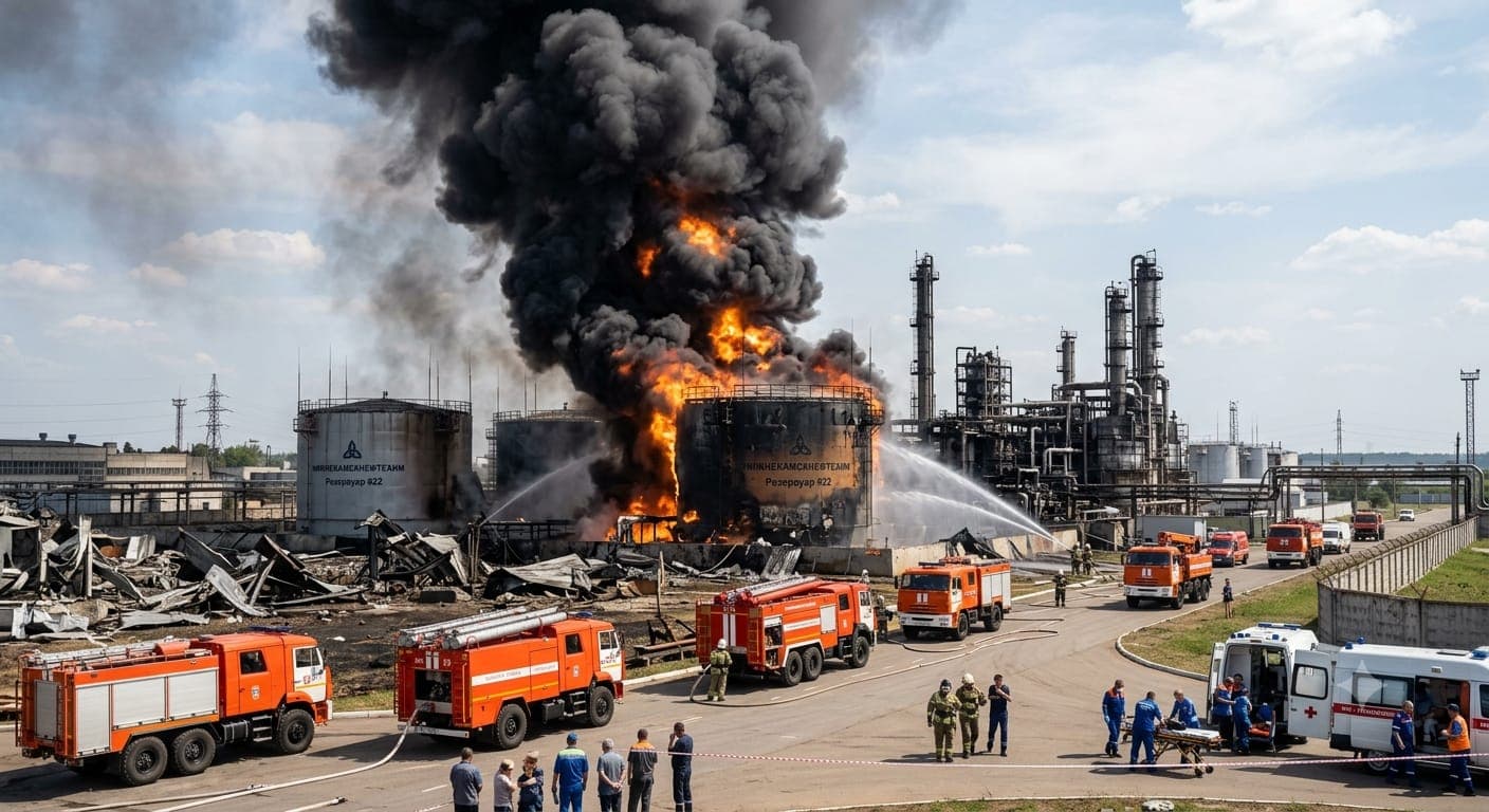 Large black smoke plume rising from an oil refinery following a drone strike in Nizhnekamsk, Russia, with emergency vehicles at the scene.