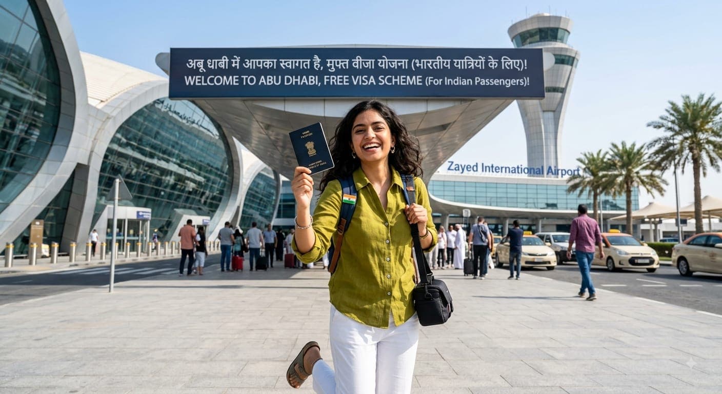 A happy Indian tourist holding a passport outside Zayed International Airport in Abu Dhabi under a banner announcing a free visa scheme for Indian passengers.