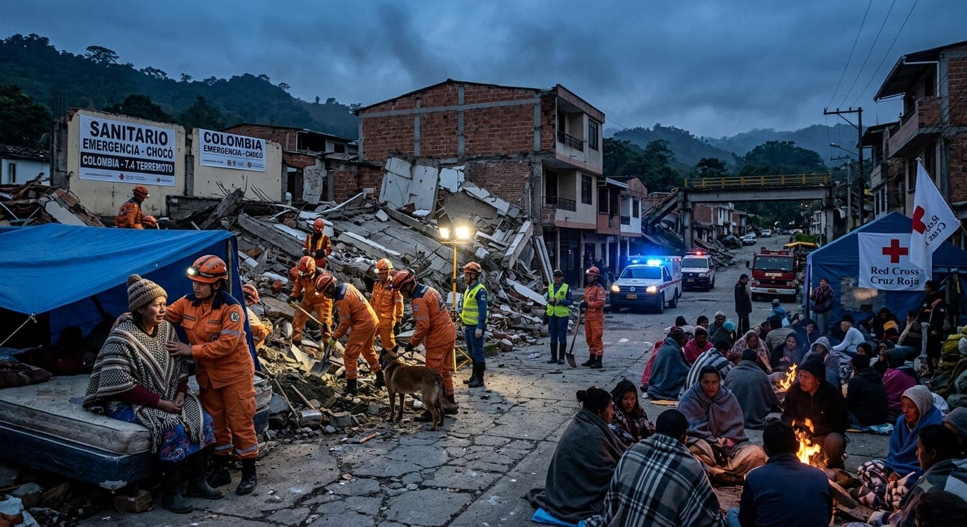 Emergency response teams conducting rescue operations in Chocó, Colombia, following a magnitude 7.4 earthquake.