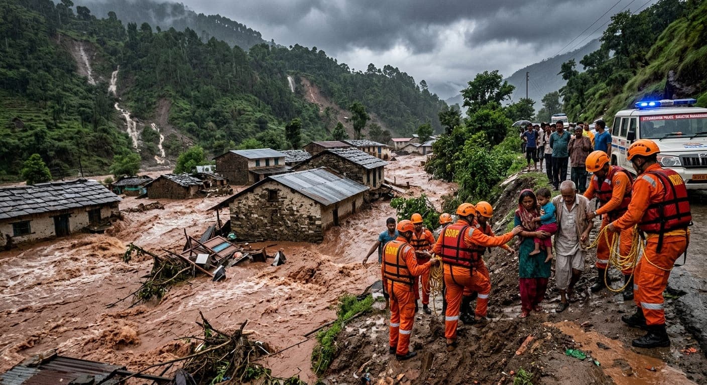 SDRF rescue teams assisting villagers during a flash flood warning in Uttarakhand
