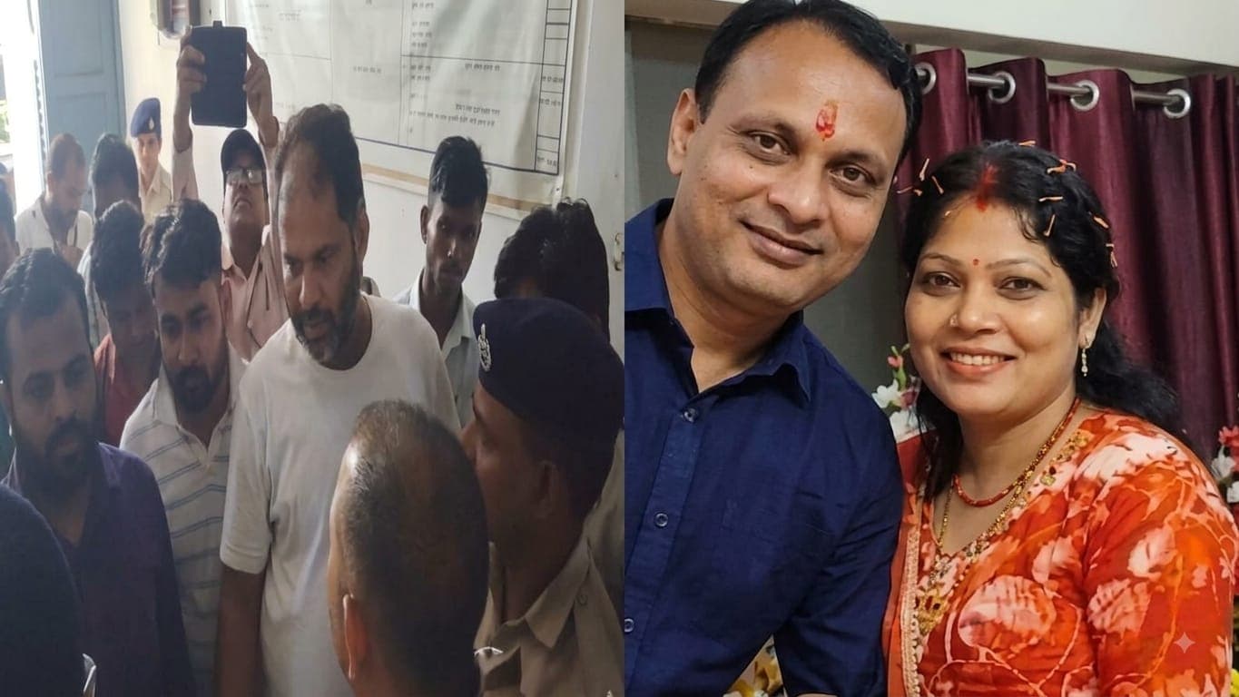Split image showing Bihar police investigating a case alongside a couple's photo related to the Purnia murder case.