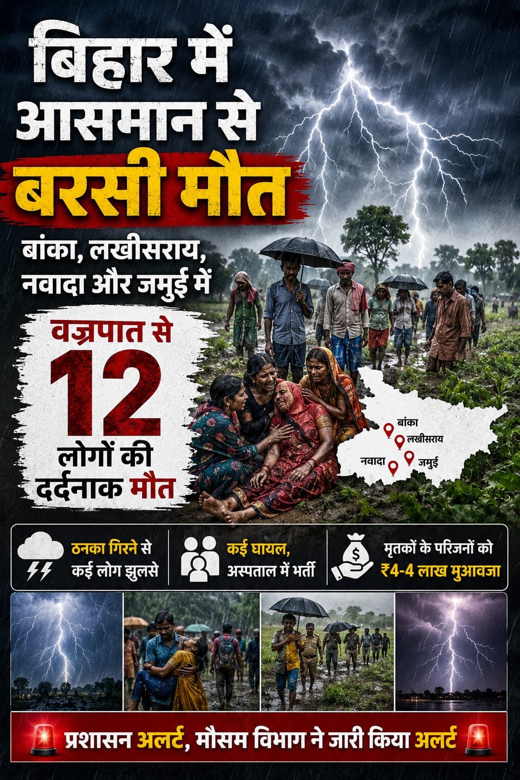 Lightning strikes fields in Bihar during heavy rain causing multiple casualties