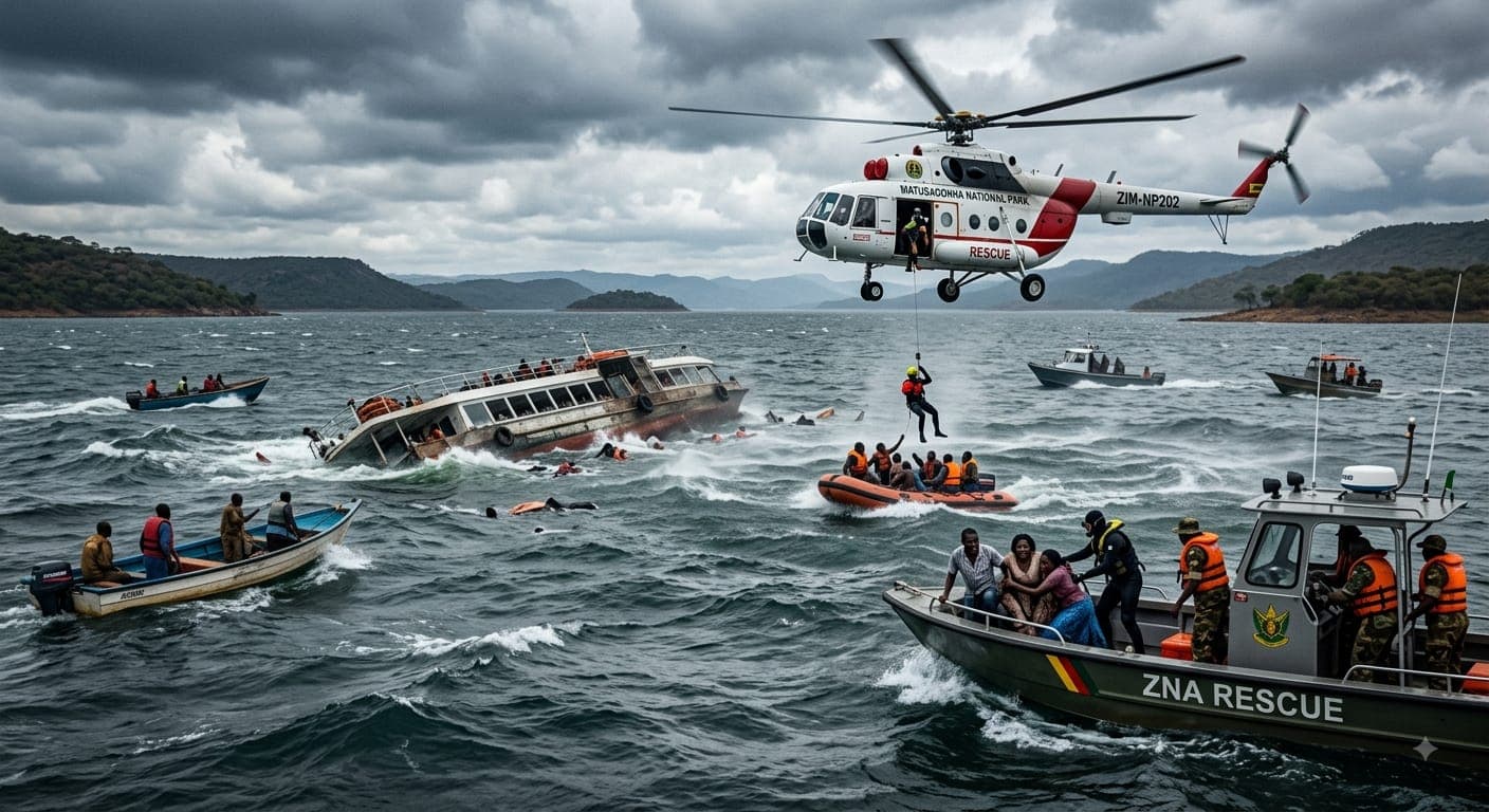 A rescue operation taking place on a stormy lake with a partially capsized passenger boat, rescue boats, and a helicopter hovering overhead.