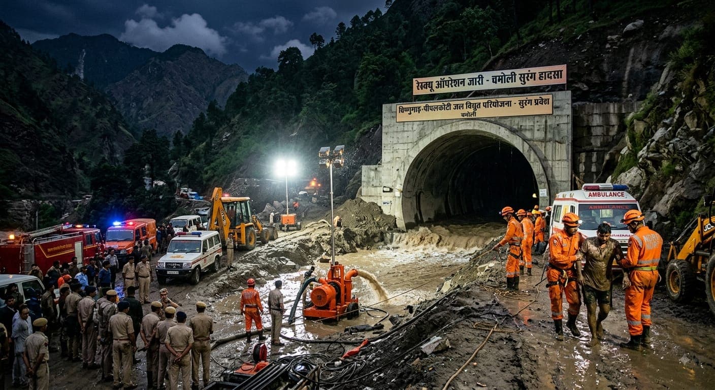 NDRF and rescue teams conducting search operations inside the mud-filled tunnel in Chamoli