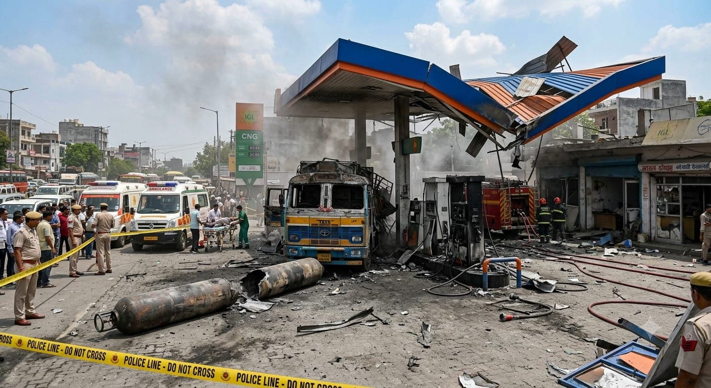 Delhi CNG pump blast site at Tikri Kalan where three people died after a truck cylinder exploded