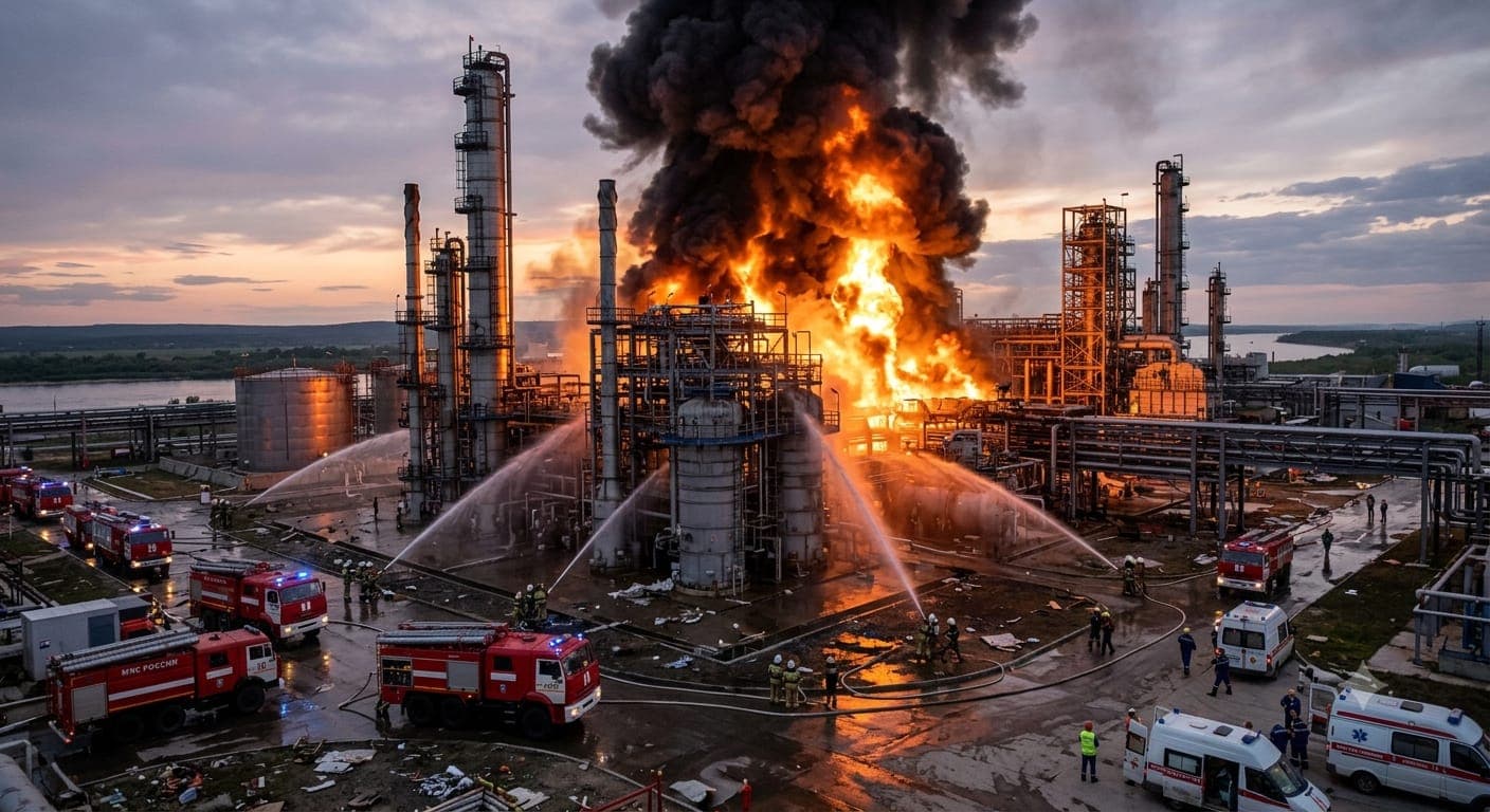 A large fire raging at an industrial gas chemical complex in Russia. Smoke billows into the sky as emergency crews work to control the blaze.