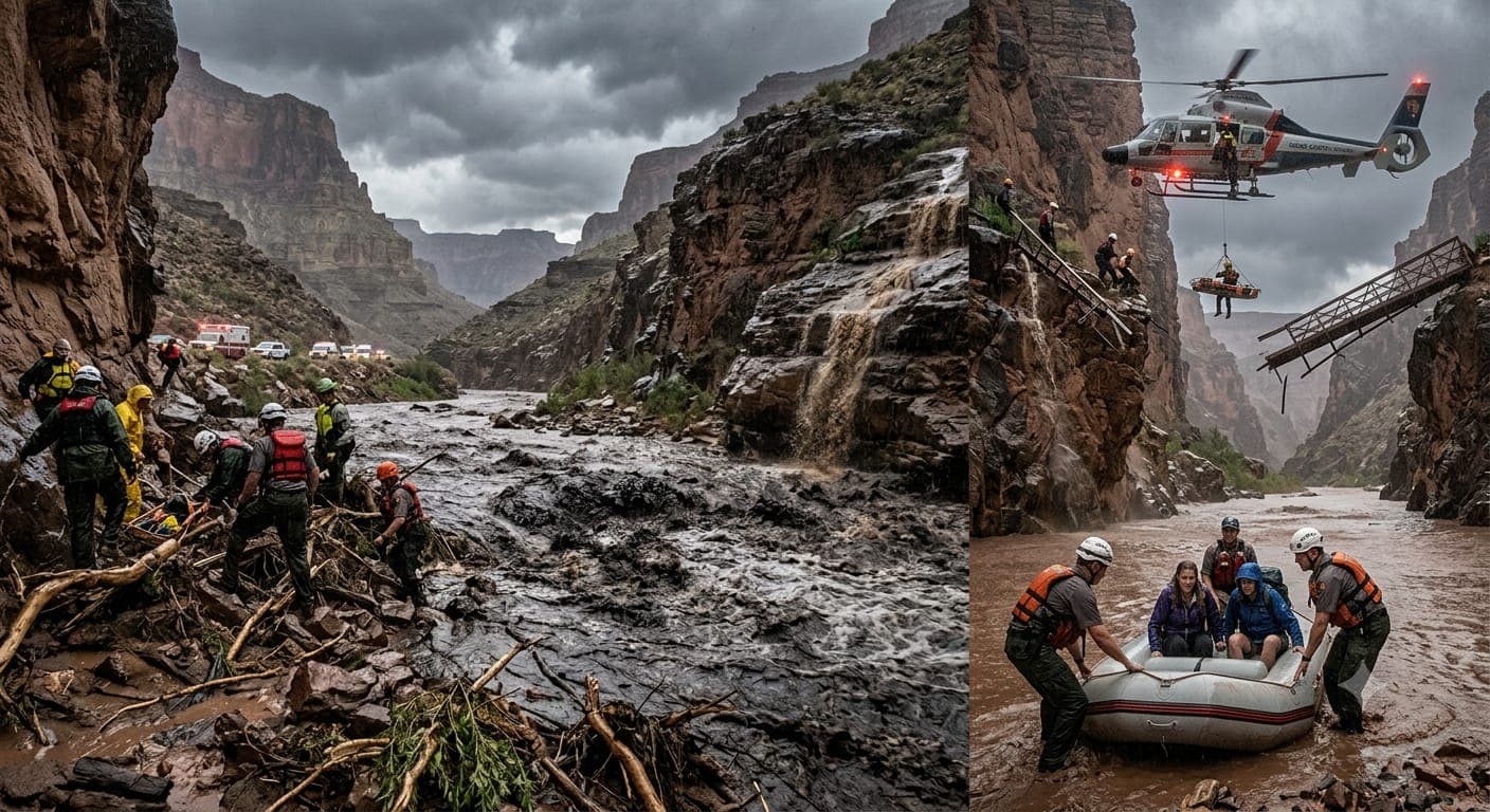 Grand Canyon Flash Flood destruction showing mudflow, broken bridge debris, and storm over Arizona canyon.